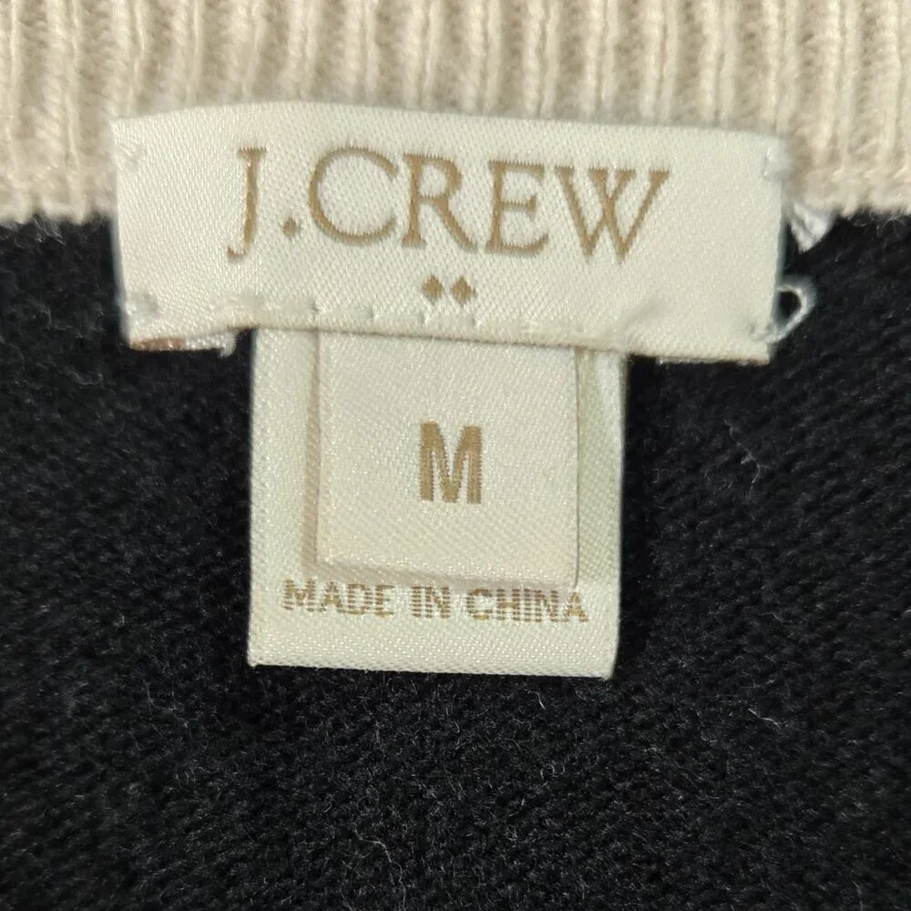 J. Crew Wool Blend Tan Black Elbow Patch Side Buttons Crew Neck Sweater Preppy